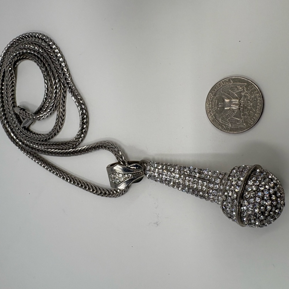 Silver iced out Microphone Pendant w/ Franco 36” Necklace